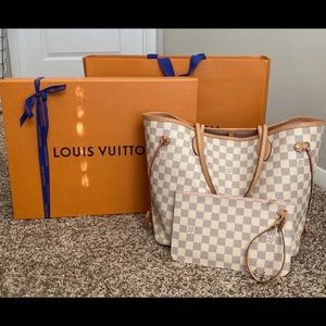 Louis Vuitton Neverfull Damier MM White Canvas Tote Bag